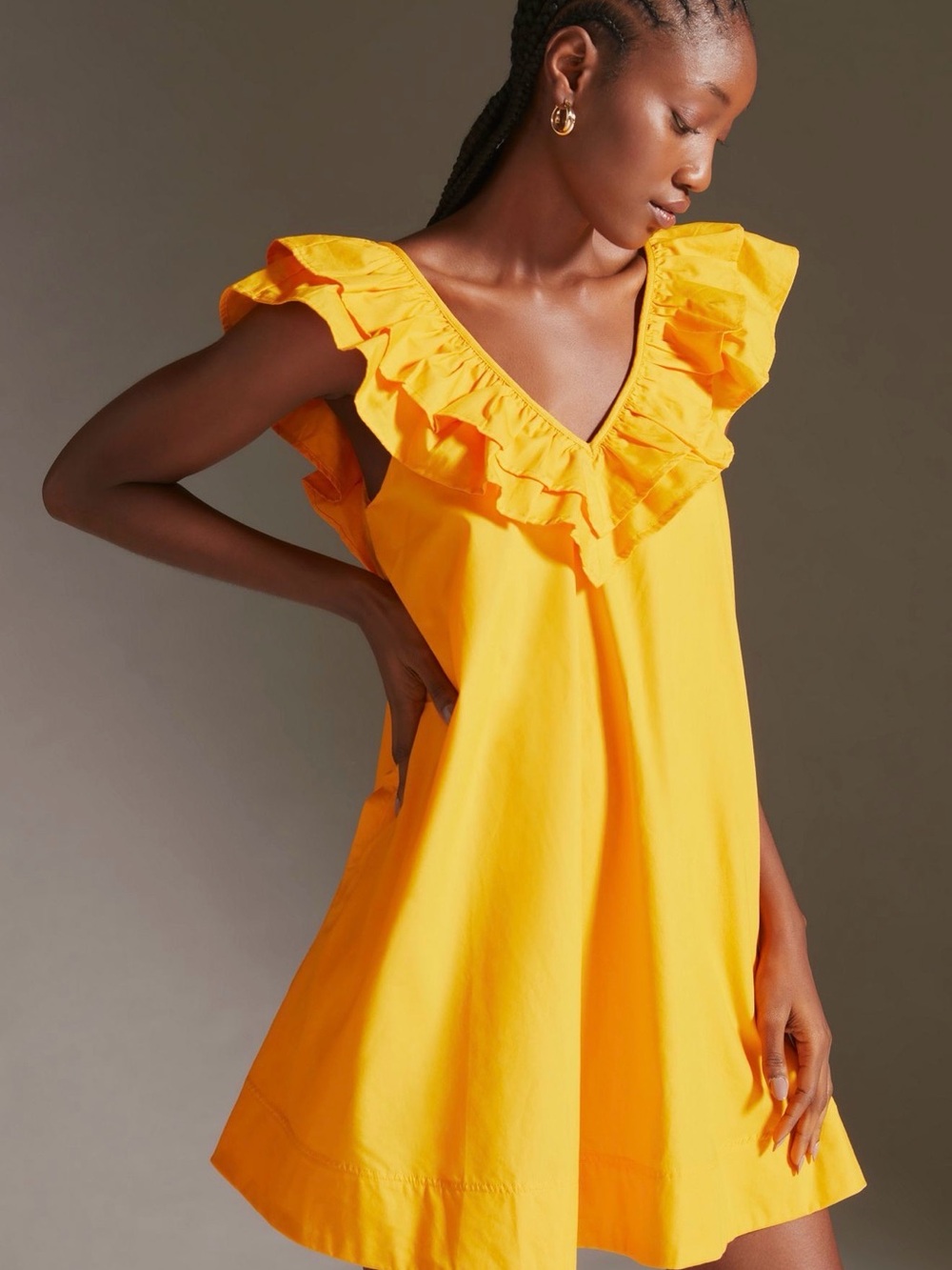 Anthropologie Bright Yellow Ruffle V-Neck Mini Dress